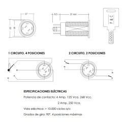 Panys de clau commutats P&C Industrias. Clau tubular de seguretat. Commutat amb 1 o 2 circuits i 3 4 posicions