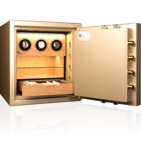 Caja fuerte de lujo Olle Ilux Design AR / AP-2 con cargador/relojero, estante de cristal, iluminación y cajón