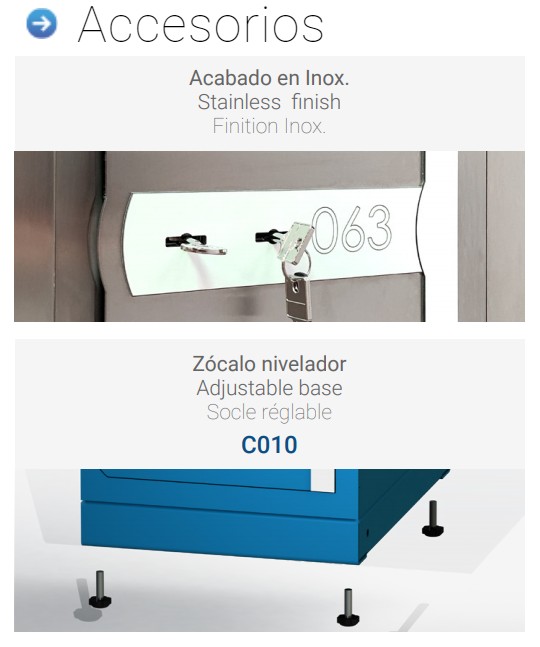 Accesorios: zócalo nivelador y acabado acero inoxidable para compartimentos de seguridad Olle serie C100 (consultar presupuesto)