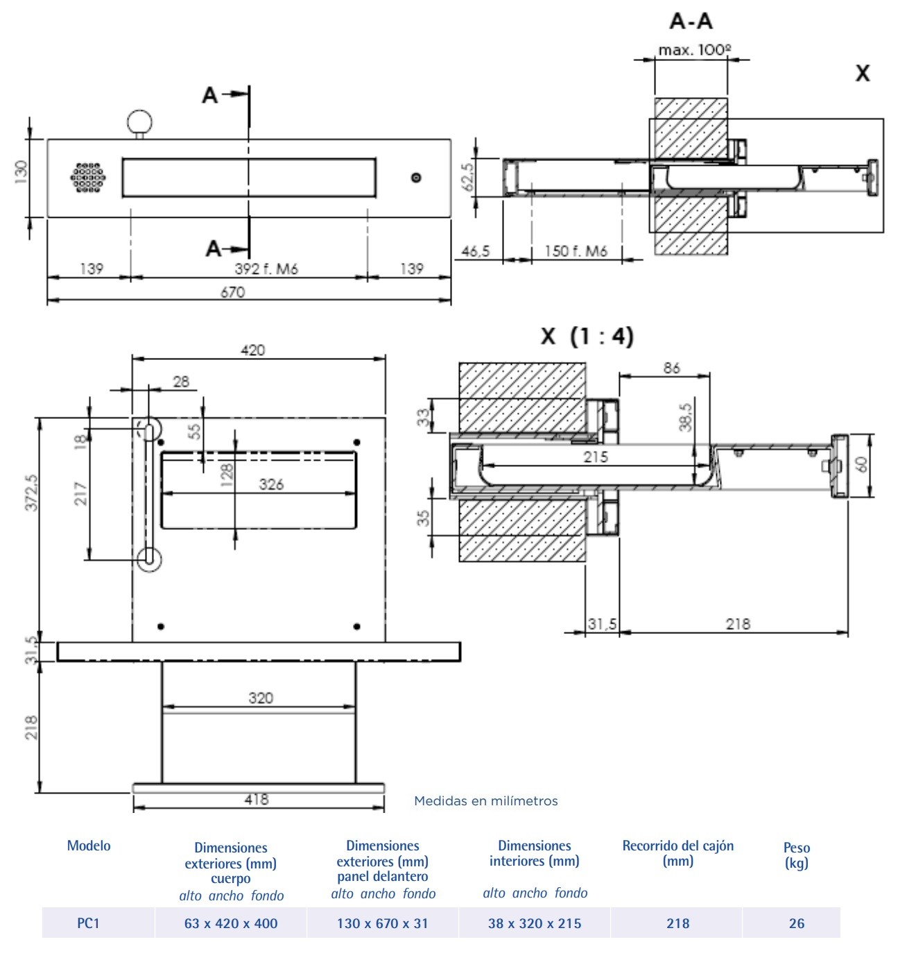 MEDIDAS PASADOCUMENTOS / PASAMONEDAS PC1 Y PC1C ANTIBALAS Y INCENDIOS FB4 EN 1522